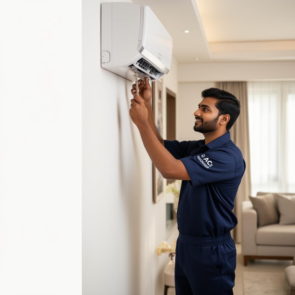 SK Service Pro technician servicing a split AC